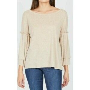 Sanctuary Ruffle Top Size S 3/4 Bell Sleeve Heather Beige Light Brown EUC B50